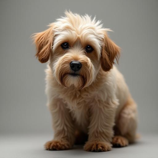 Before grooming photo of a mixed-breed dog with a scruffy, unkempt coat.
