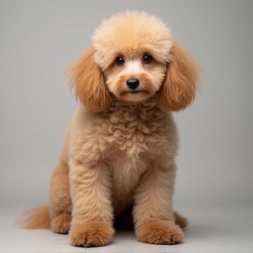 Before grooming photo of a poodle with an overgrown, somewhat matted coat.