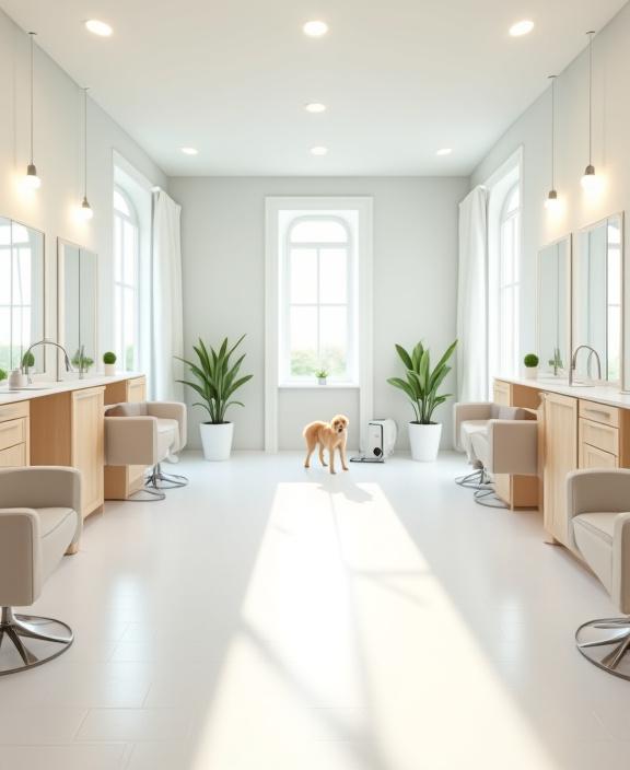 The clean, modern, and bright interior of the Marina Tails grooming salon.